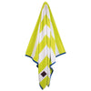 Hanging Greenwich Polo Club 3818 lime green and white striped cotton beach towel with blue trim.