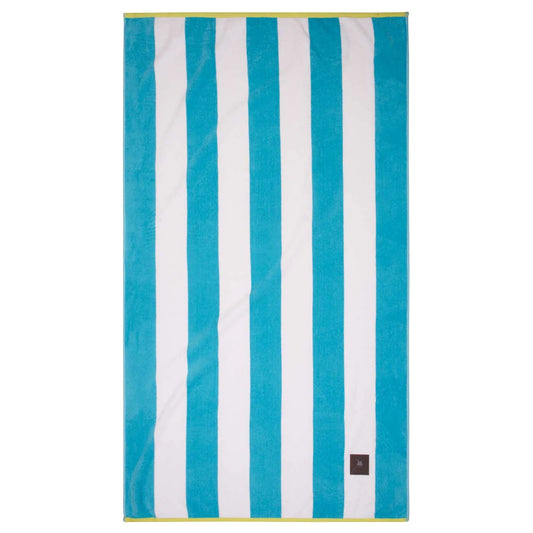 Greenwich Polo Club 3819 turquoise and white striped cotton beach towel with lime green trim, 90 × 170 cm.