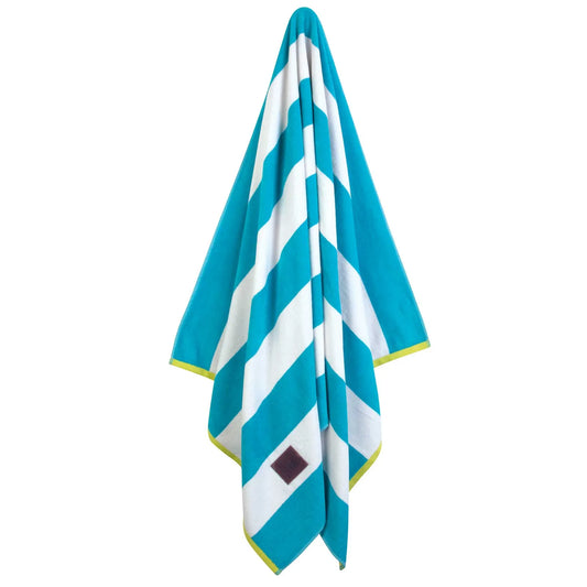 Hanging Greenwich Polo Club 3819 turquoise and white striped cotton beach towel with lime green trim.