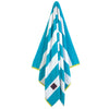 Hanging Greenwich Polo Club 3819 turquoise and white striped cotton beach towel with lime green trim.