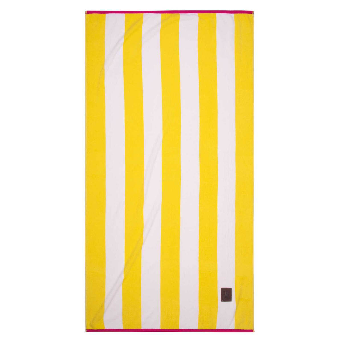 Greenwich Polo Club 3820 yellow and white striped cotton beach towel with pink edging, 90 × 170 cm.