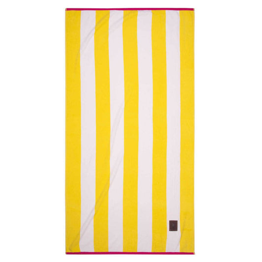Greenwich Polo Club 3820 yellow and white striped cotton beach towel with pink edging, 90 × 170 cm.