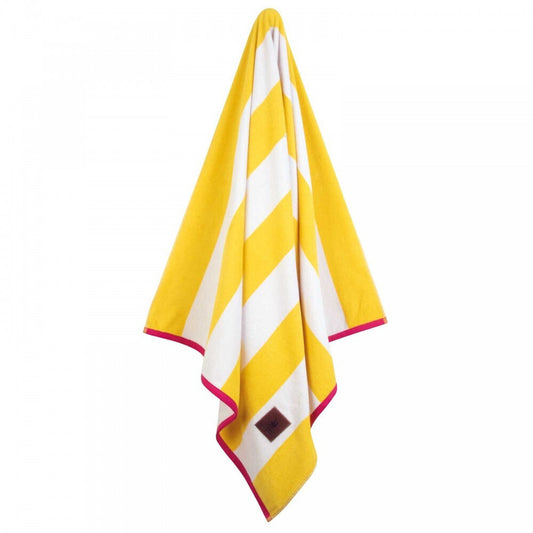 Hanging Greenwich Polo Club 3820 yellow and white striped cotton beach towel with pink edging.