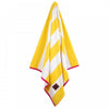 Hanging Greenwich Polo Club 3820 yellow and white striped cotton beach towel with pink edging.