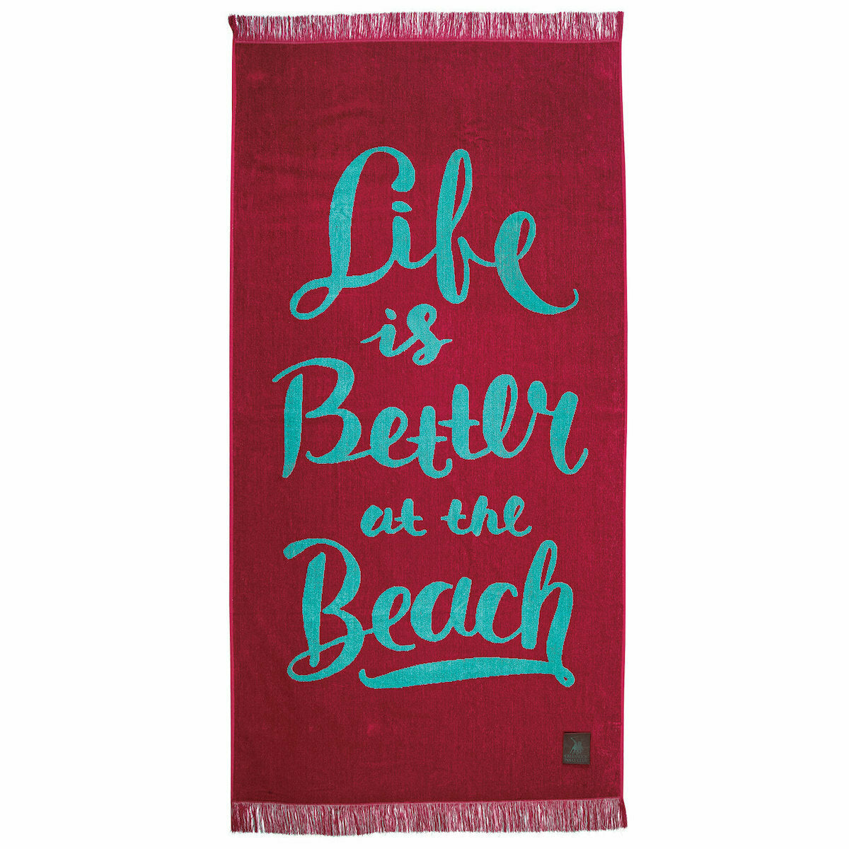 Greenwich Polo Club beach towel 3884 in red and turquoise jacquard design with beach slogan and fringes