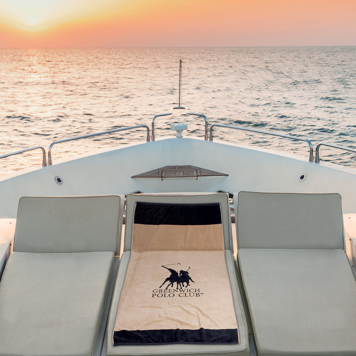 Greenwich Polo Club Beach Towel 4046 on luxury yacht in Sitia Crete, beige black cotton beach towel for resort and summer style