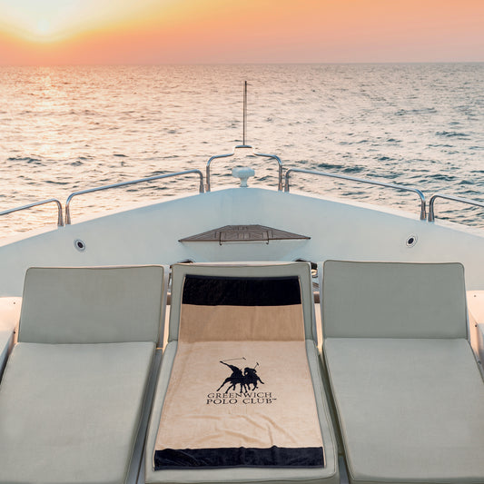 Greenwich Polo Club Beach Towel 4046 on luxury yacht in Sitia Crete, beige black cotton beach towel for resort and summer style
