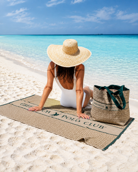 Greenwich Polo Club Beach Towel 5229 in beige and green on sandy beach, luxury cotton jacquard towel available at VVC shop Sitia Crete