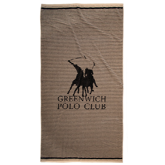 Greenwich Polo Club 5236 taupe cotton beach towel with black stripes and woven polo-player logo, 90 × 180 cm.