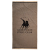 Greenwich Polo Club 5236 taupe cotton beach towel with black stripes and woven polo-player logo, 90 × 180 cm.