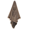 Hanging Greenwich Polo Club 5236 taupe cotton beach towel with black stripes and polo-player logo.