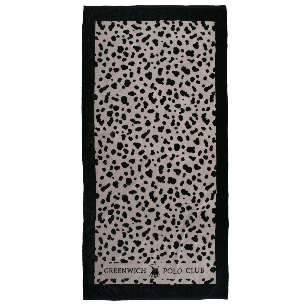 Greenwich Polo Club 5237 black and taupe animal-print cotton beach towel, 90 × 180 cm, shown flat.