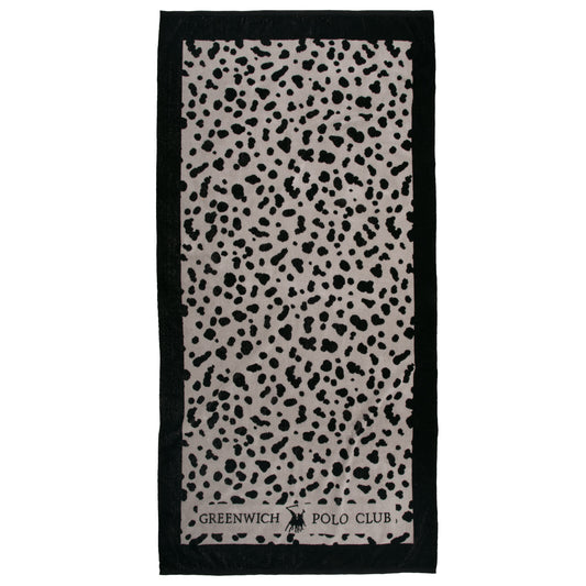 Greenwich Polo Club 5237 black and taupe animal-print cotton beach towel, 90 × 180 cm, shown flat.