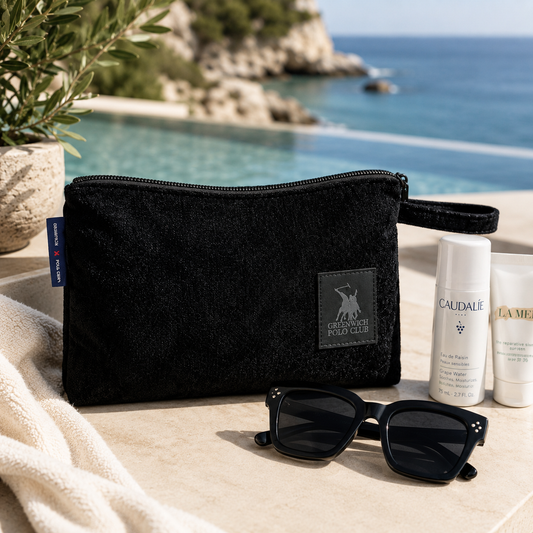 Greenwich Polo Club black cosmetic bag 22x30 cm Essential 4017 with sunglasses and beach beauty items, available at VVC SHOP Sitia and viktoria-vigh.com