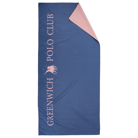 Front view of the Greenwich Polo Club 5210 blue and pink microfiber beach towel with vertical logo, 80 × 170 cm.