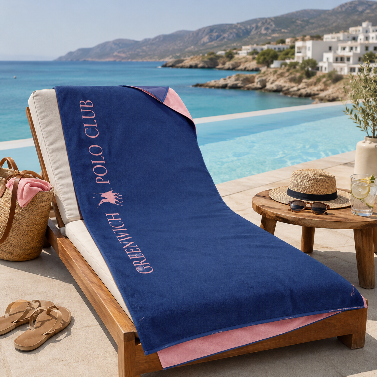 Greenwich Polo Club 5210 blue and pink microfiber beach towel laid across a poolside sun lounger in Sitia, Crete.