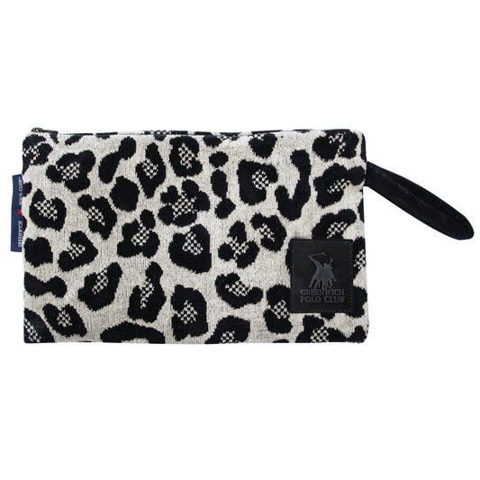 Front view of the Greenwich Polo Club 3861 black and beige leopard-print cosmetic bag with black zipper and logo patch.