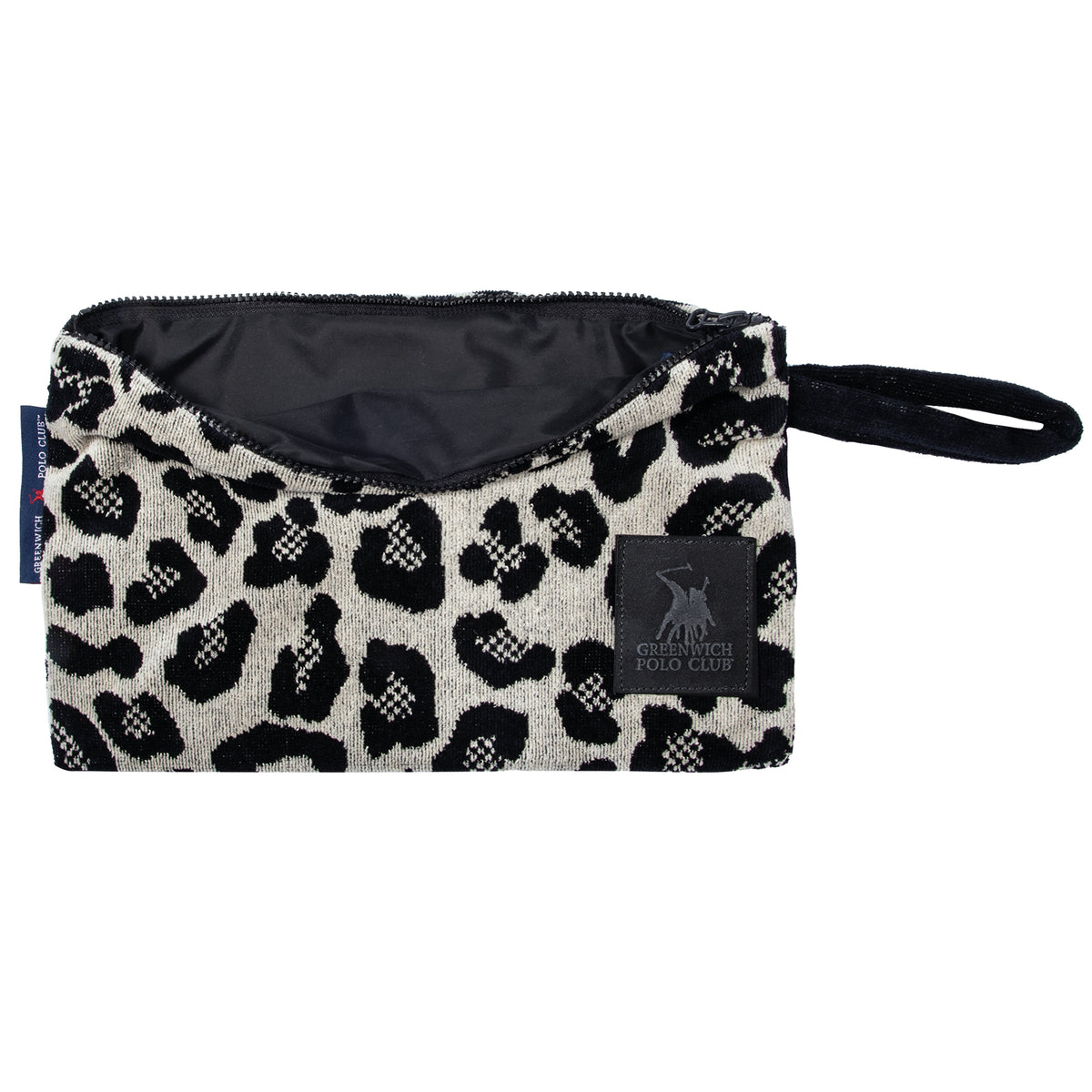 Open Greenwich Polo Club 3861 black and beige leopard-print cosmetic bag showing its black lining, zipper and logo patch.