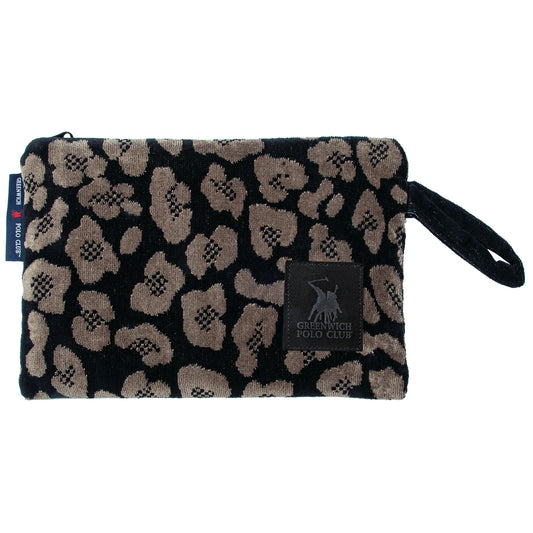 Front view of the Greenwich Polo Club 3862 black and taupe animal-print cosmetic bag with black zipper and logo patch.