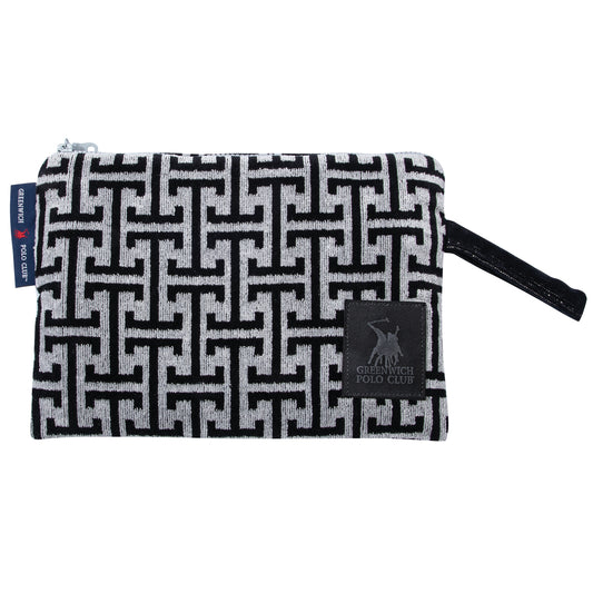 Front view of the Greenwich Polo Club 4005 black and grey geometric cotton cosmetic bag with black zipper and logo patch.