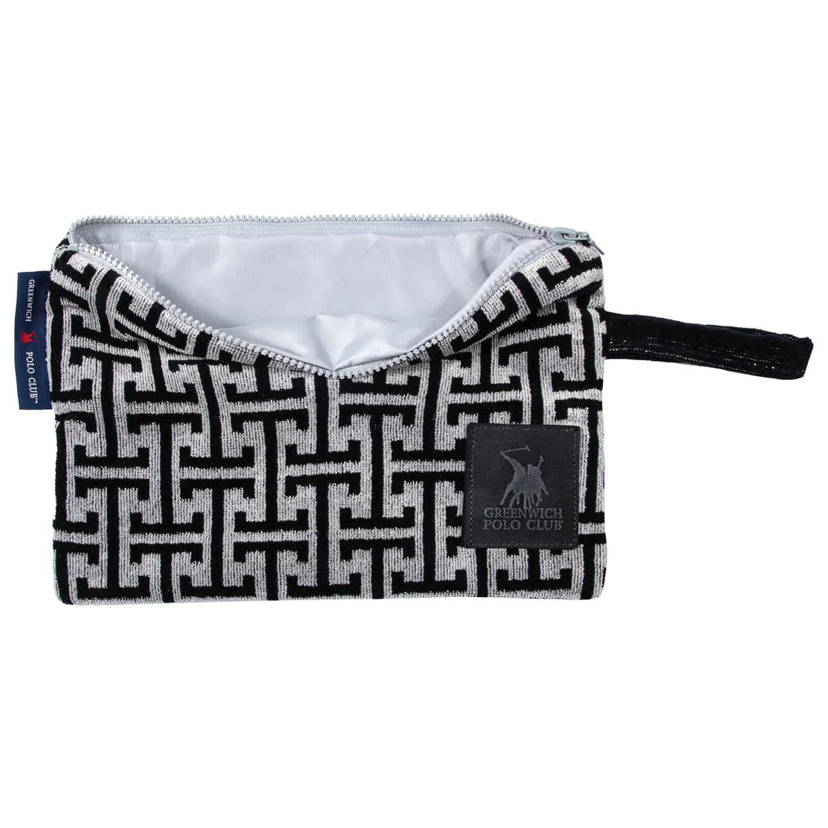 Open Greenwich Polo Club 4005 black and grey geometric cosmetic bag showing its light grey lining and black zipper.