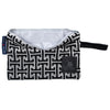 Open Greenwich Polo Club 4005 black and grey geometric cosmetic bag showing its light grey lining and black zipper.