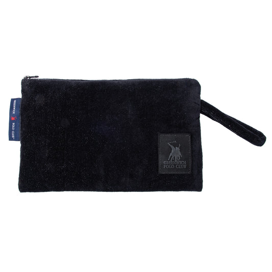 Front view of the Greenwich Polo Club 4017 black jacquard cosmetic bag with black zipper, wrist strap and logo patch.