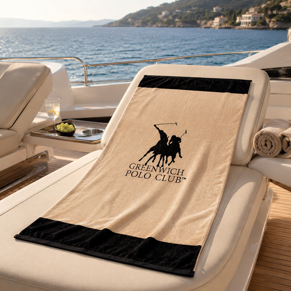 Greenwich Polo Club cotton beach towel 4046 in beige and black displayed on a yacht sun lounger in Sitia, Crete.
