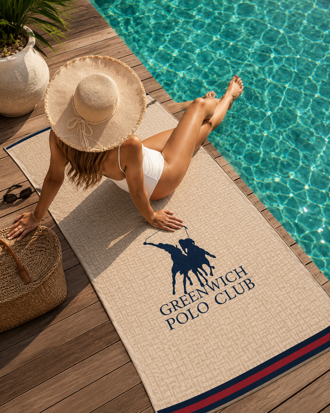 Greenwich Polo Club cotton beach towel 5226 in beige with dark blue and red border, styled by the pool in Sitia, Crete