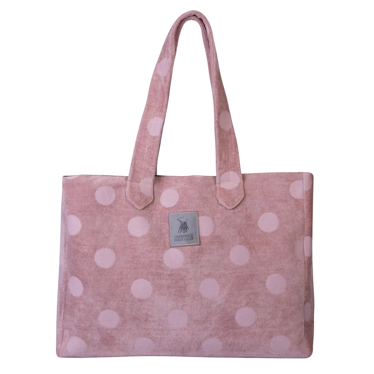 Front view of the Greenwich Polo Club cotton jacquard beach bag 3736 in soft rose with woven dots, measuring 50 × 38 cm.