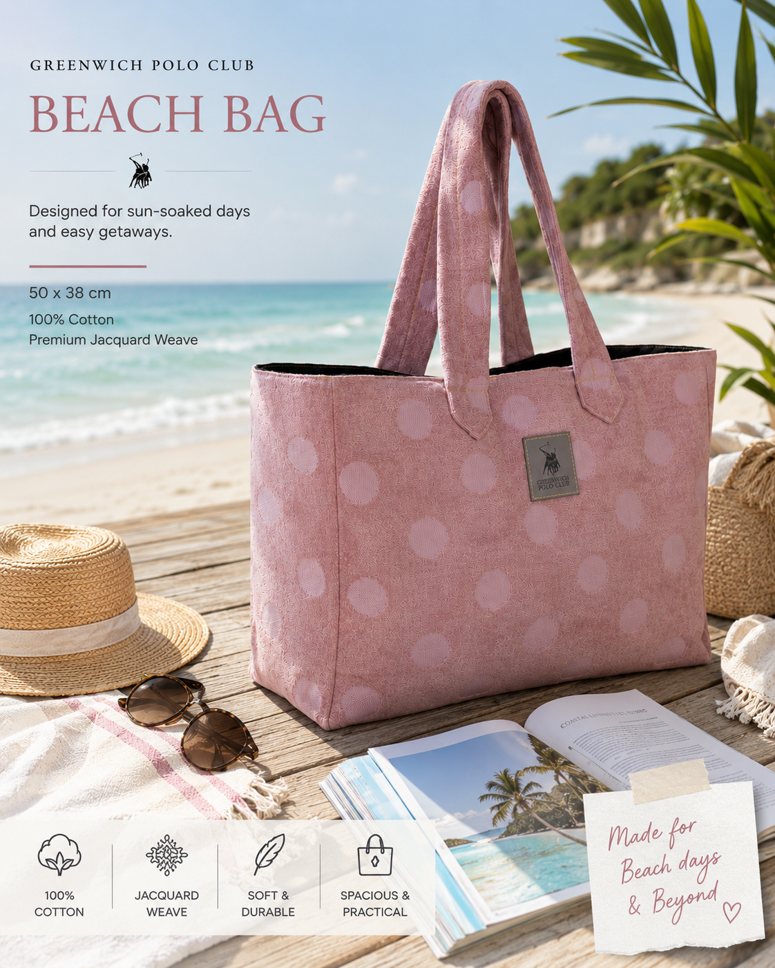 Greenwich Polo Club cotton jacquard beach bag 3736 in soft rose with large woven dots, photographed at a beach club in Sitia, Crete.