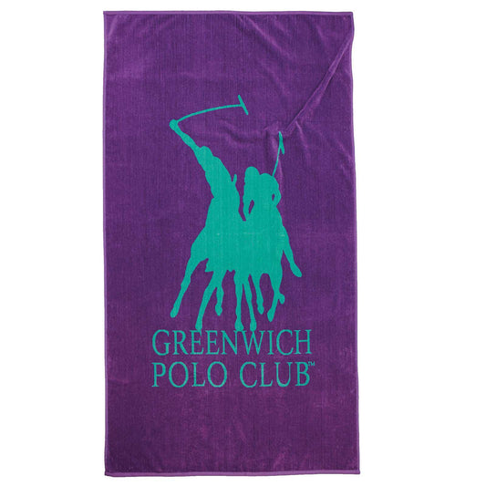 Front view of the Greenwich Polo Club cotton jacquard beach towel 3784 in purple with an oversized turquoise Polo logo.