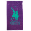 Front view of the Greenwich Polo Club cotton jacquard beach towel 3784 in purple with an oversized turquoise Polo logo.