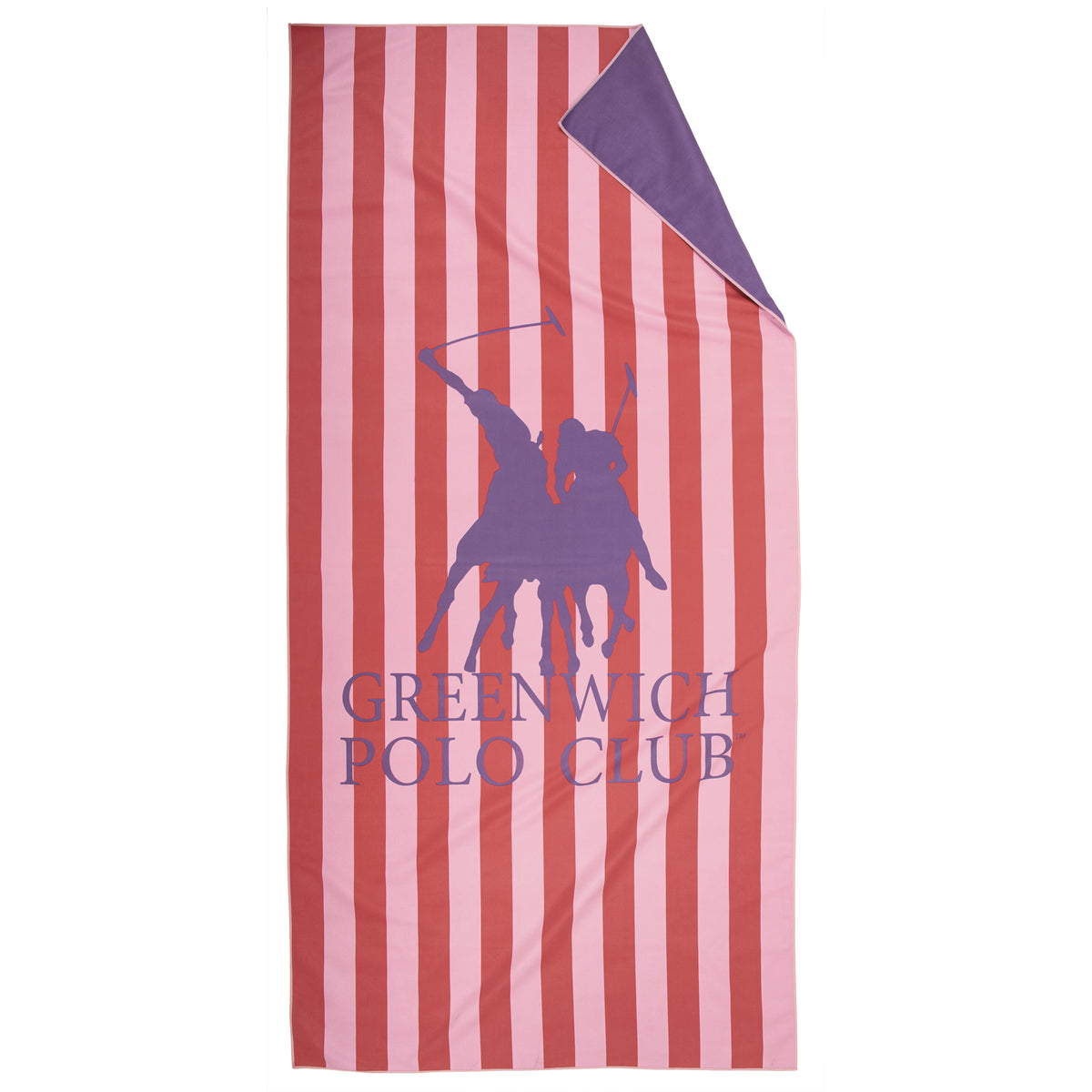Front view of Greenwich Polo Club 5216 microfiber beach towel with fuchsia red and soft pink stripes and purple logo