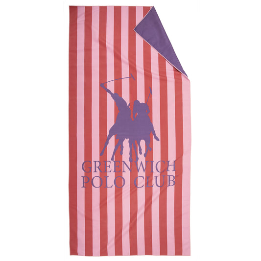 Front view of Greenwich Polo Club 5216 microfiber beach towel with fuchsia red and soft pink stripes and purple logo