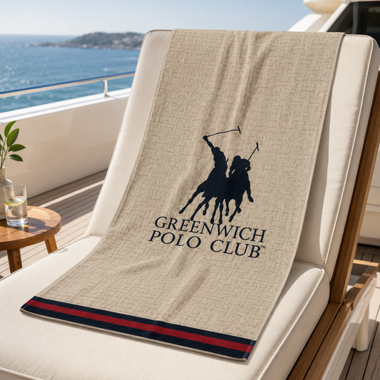 Greenwich Polo Club 5226 beige jacquard beach towel 90x180 cm on sunbed with woven logo and Greek-inspired pattern
