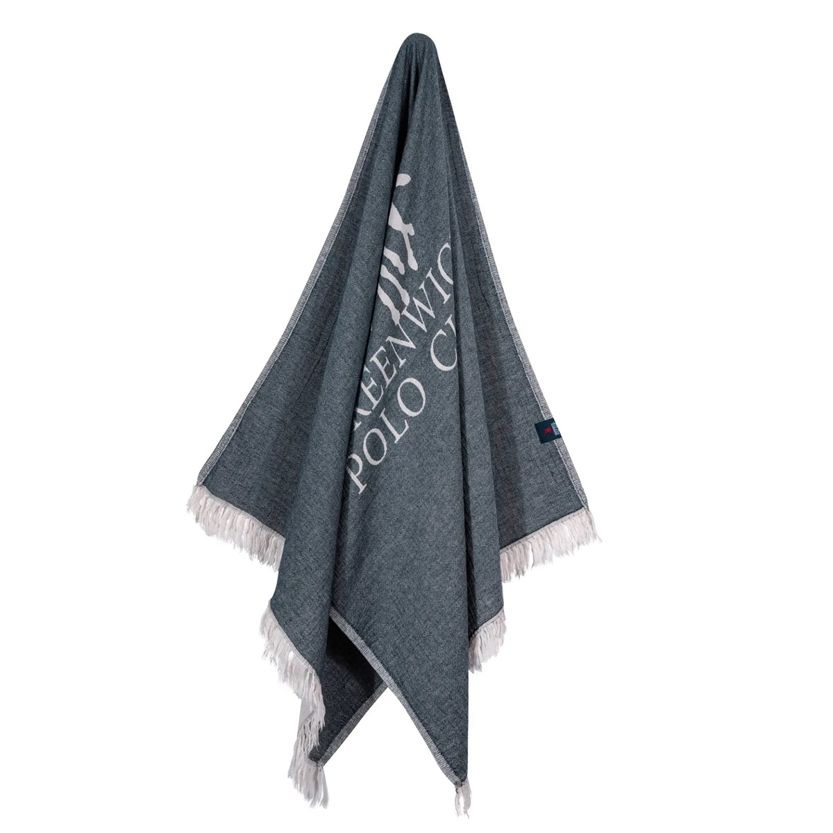 Hanging view of Greenwich Polo Club dark grey Maxi Pareo Towel with fringes, lightweight cotton muslin beach and sauna towel
