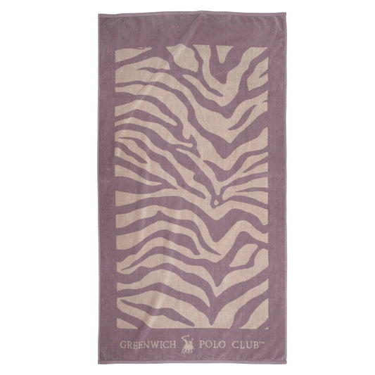 Greenwich Polo Club beach towel 3849 in a dusty mauve and sand zebra jacquard design, shown fully opened.