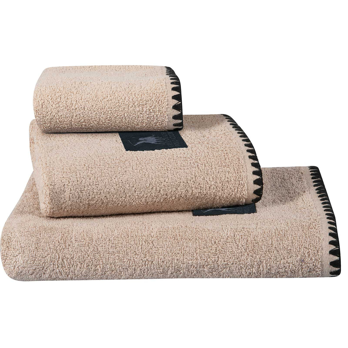 Greenwich Polo Club Essential 4111 3-piece beige towel set with decorative black embroidered border, 100% cotton bathroom towels.