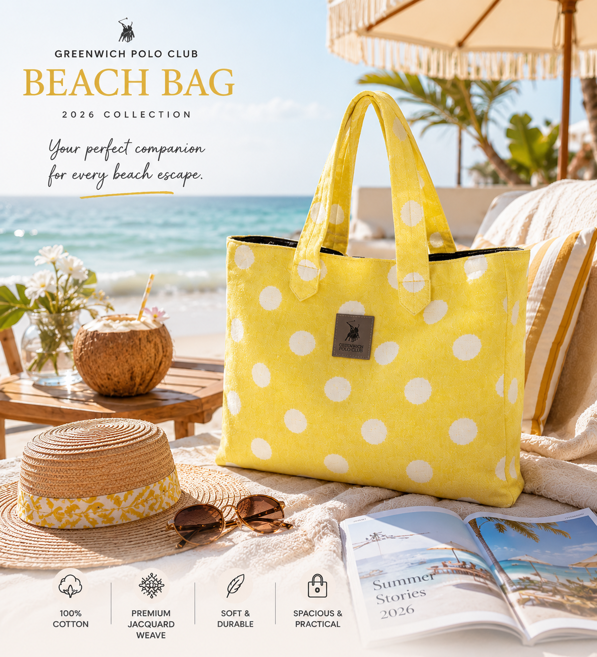 Greenwich Polo Club Essential Jacquard beach bag in yellow with large woven dots displayed on a beach in Sitia Crete, washable cotton tote bag.