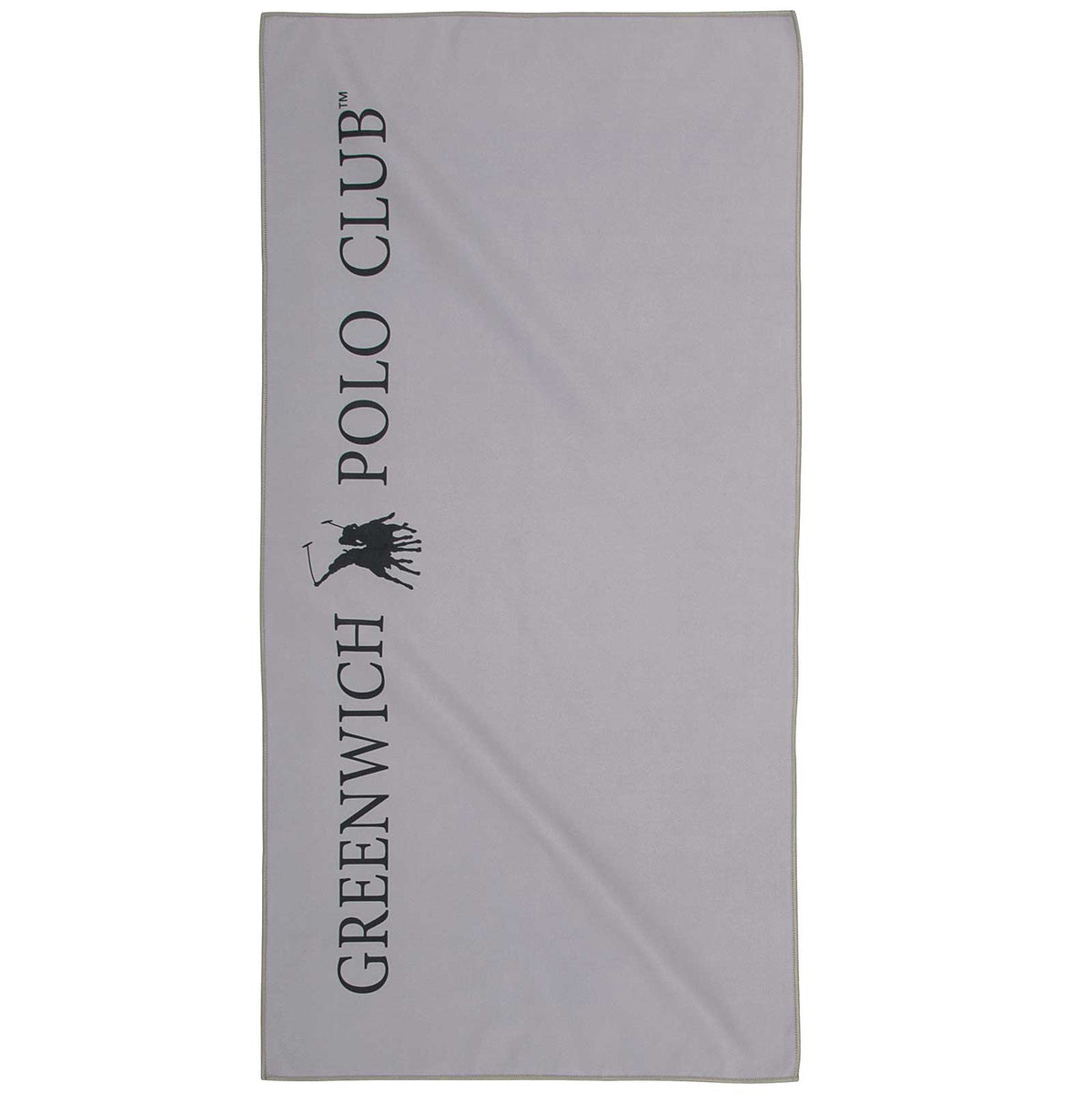 Greenwich Polo Club 267459004184 gray microfiber gym towel 4184, 45x90 cm, displayed on a workout bench with a tattooed male fitness model in the gym, available at VVC SHOP Sitia, Crete.