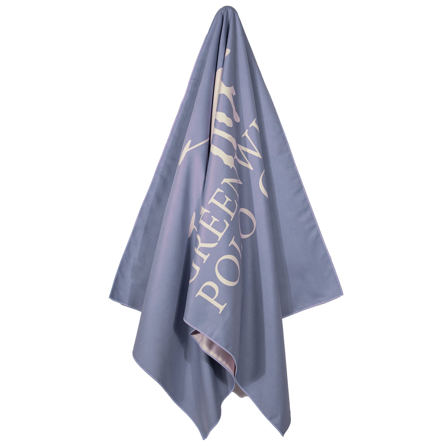 Greenwich Polo Club lavender and cream microfiber beach towel 5215 shown hanging, lightweight fast drying towel for sports beach and gym