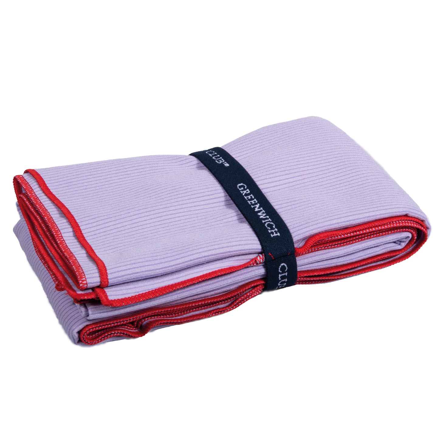 Greenwich Polo Club lavender microfiber towel 5231 rolled with dark blue elastic loop, red logo detail and lightweight travel design