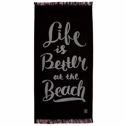 Greenwich Polo Club black beach towel with Life is Better at the Beach typography