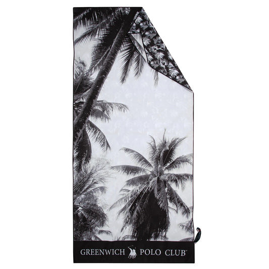 Flat front view of the Greenwich Polo Club microfiber beach towel 3875, measuring 80 × 170 cm, with a black and white palm tree print.