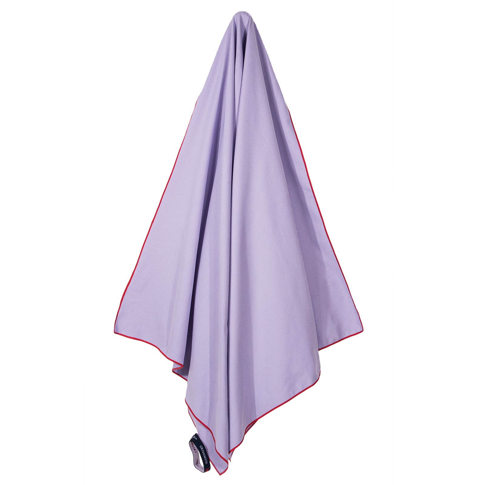 Greenwich Polo Club microfiber beach towel 5231 hanging in lavender with red trim, soft fast drying towel for beach gym spa and travel