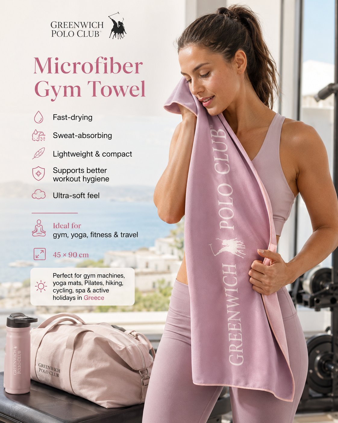 Greenwich Polo Club Microfiber Gym Towel 4182 in light pink for fitness, yoga, Pilates and wellness, available at VVC SHOP Sitia, Crete and viktoria-vigh.com
