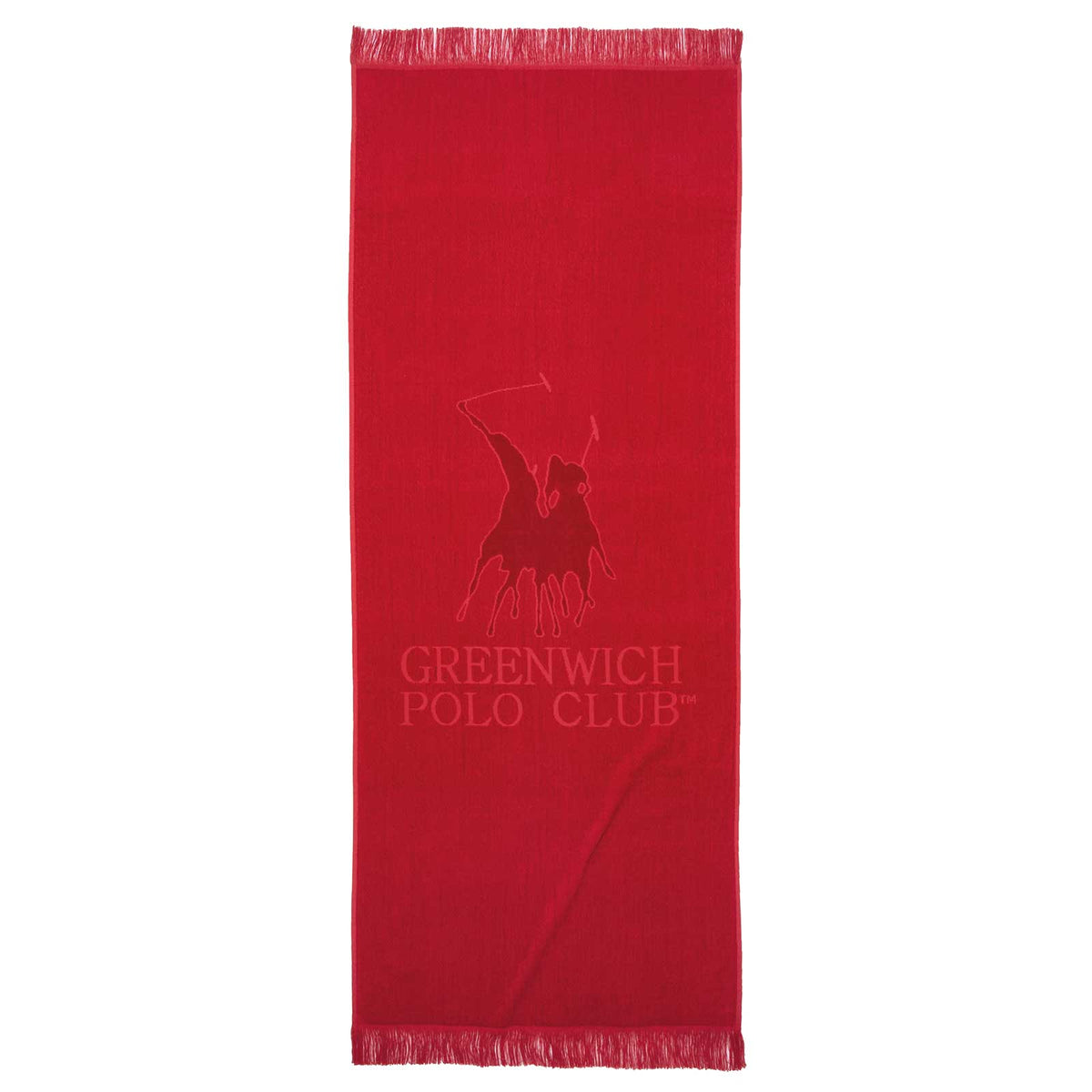 Front view of the Greenwich Polo Club 3657 red cotton jacquard beach towel, 70 × 170 cm, with woven logo and fringed ends.