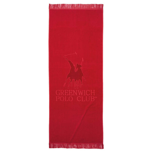 Front view of the Greenwich Polo Club 3657 red cotton jacquard beach towel, 70 × 170 cm, with woven logo and fringed ends.