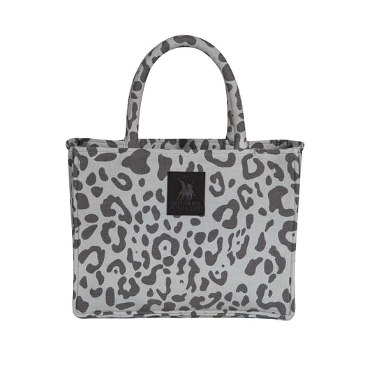 Greenwich Polo Club 4061 small grey animal-print beach bag with dark handles and logo patch, 36 × 28 cm.